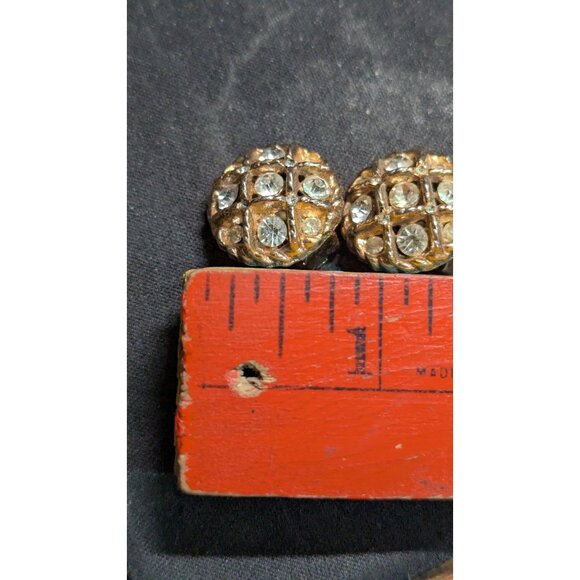 Gold-Tone Clip On Statement Earrings With Clear Rhinestones Round Vintage Style - Picture 8 of 8